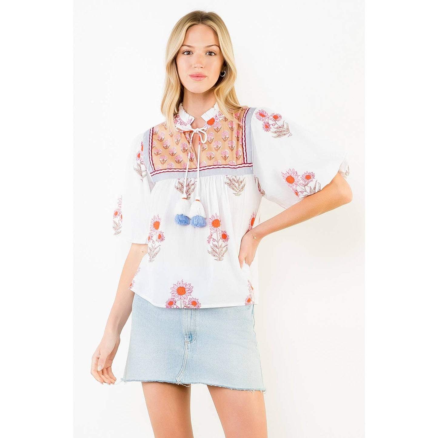 THML Puff Sleeve Floral Pattern Tassel Top