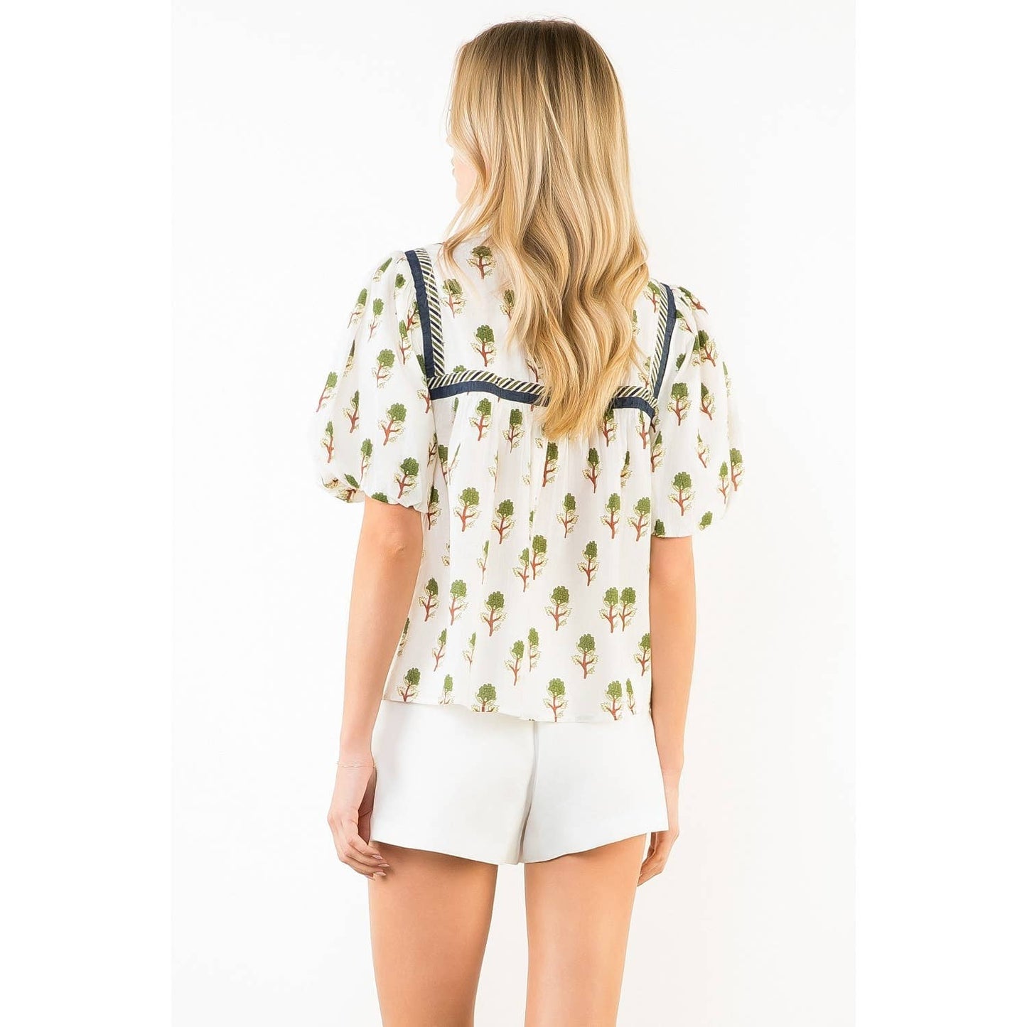 THML Puff Sleeve Print Tie Tassel Top