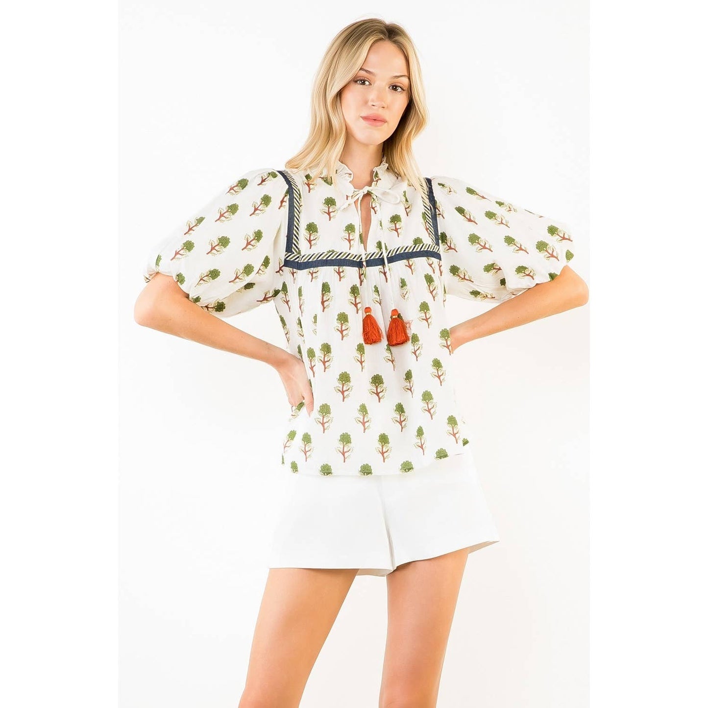 THML Puff Sleeve Print Tie Tassel Top