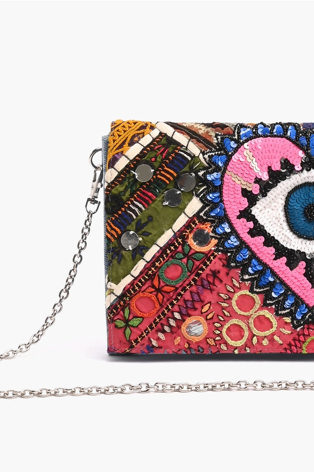 America & Beyond Watch Over Me Evil Eye Denim Clutch