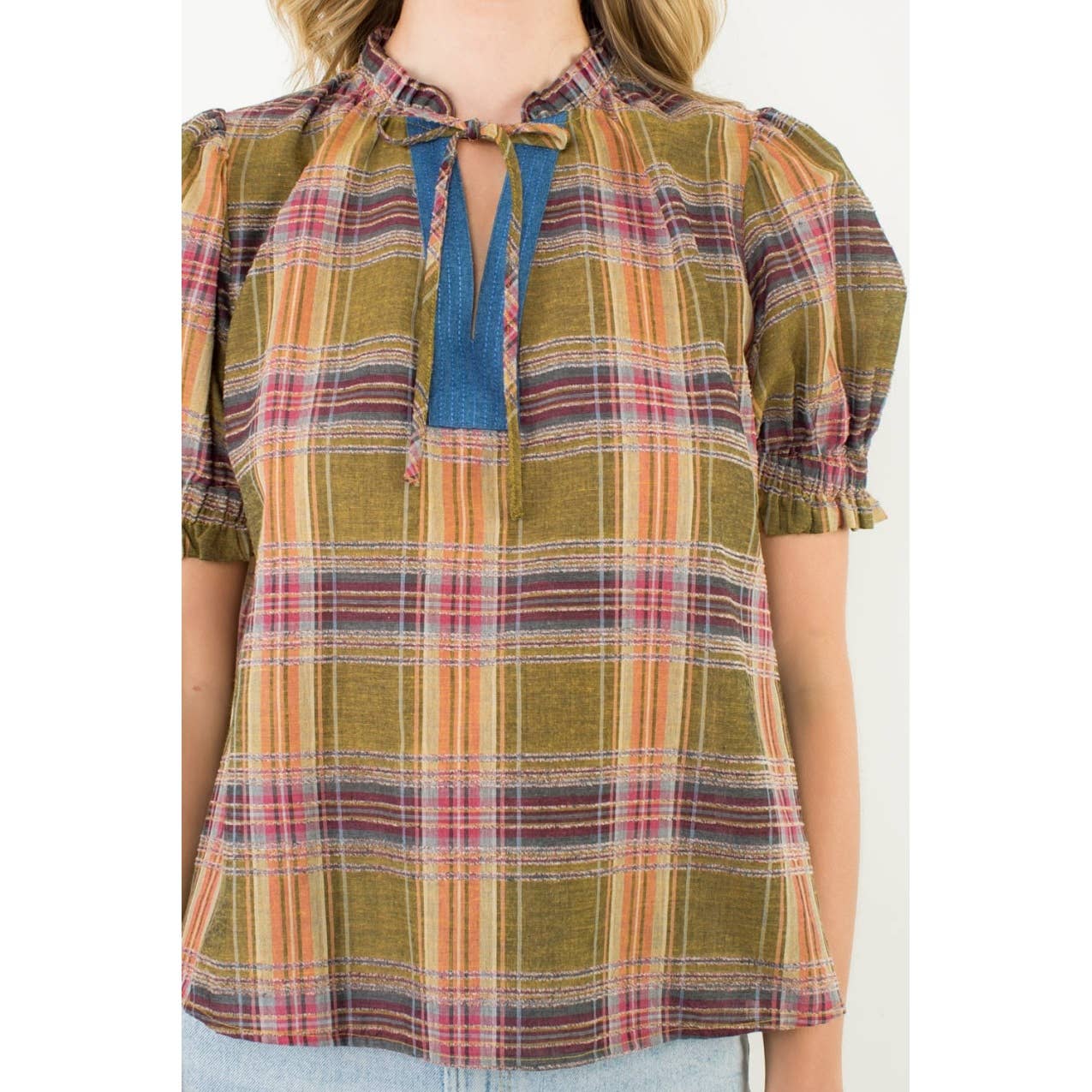 THML Plaid Puff Sleeve Contrast Neck Top