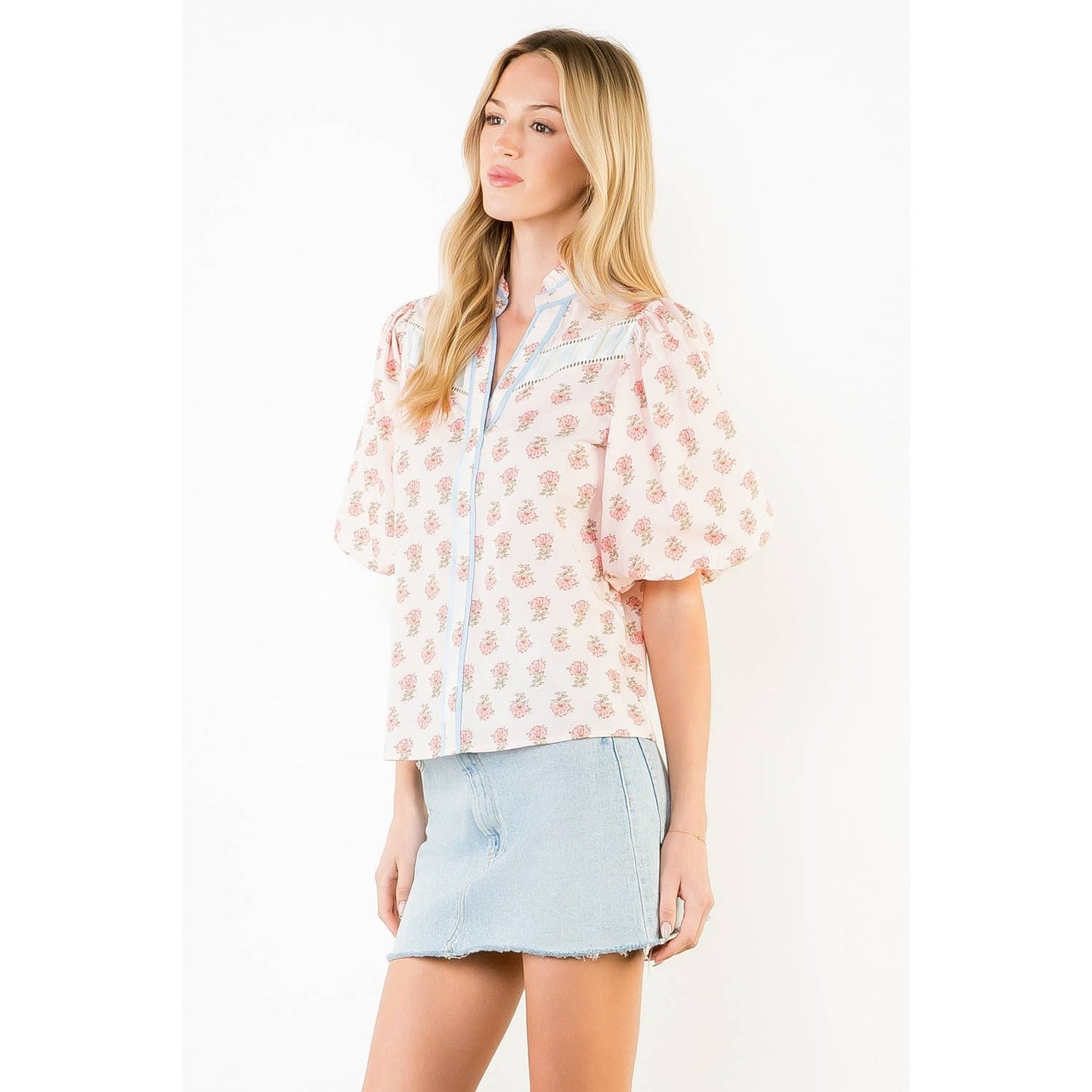 THML Puff Sleeve Floral Detail V-Neck Top