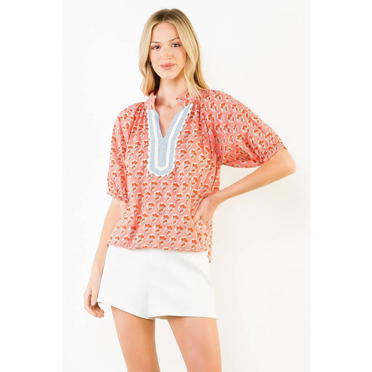 THML Short Sleeve Patterned V-Neck Top