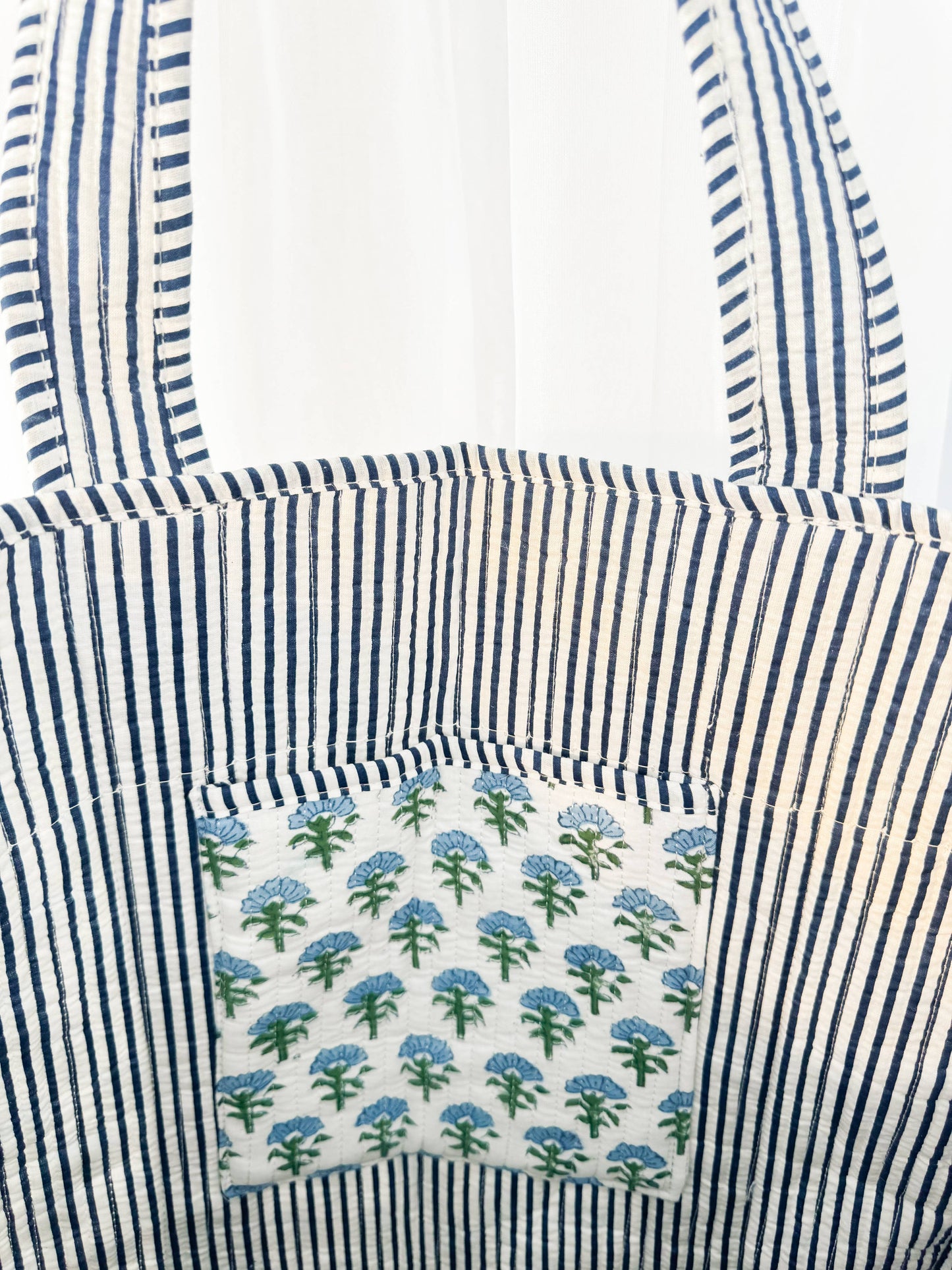 Carolina Block Print Large Quilted Ruffle Tote Bag