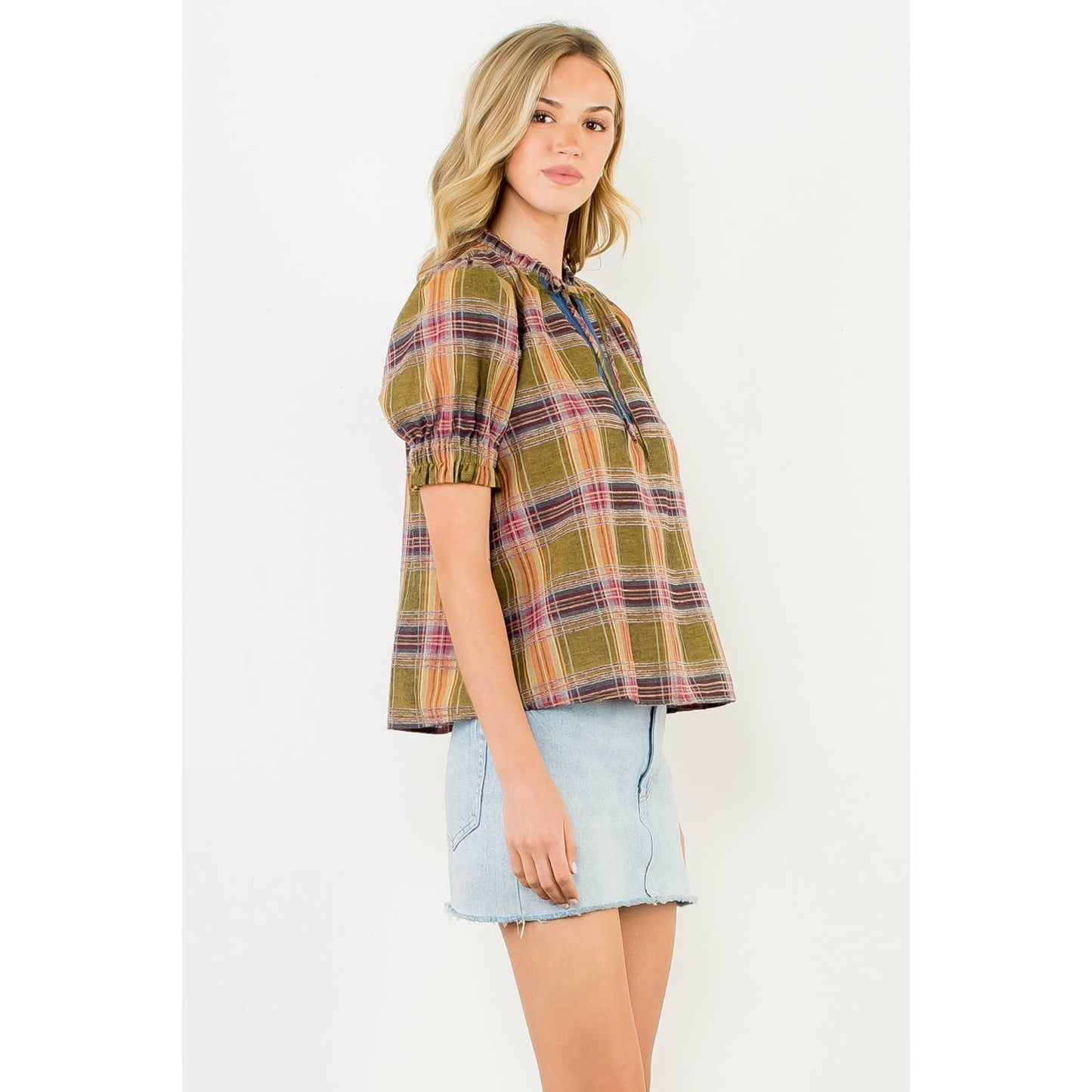THML Plaid Puff Sleeve Contrast Neck Top