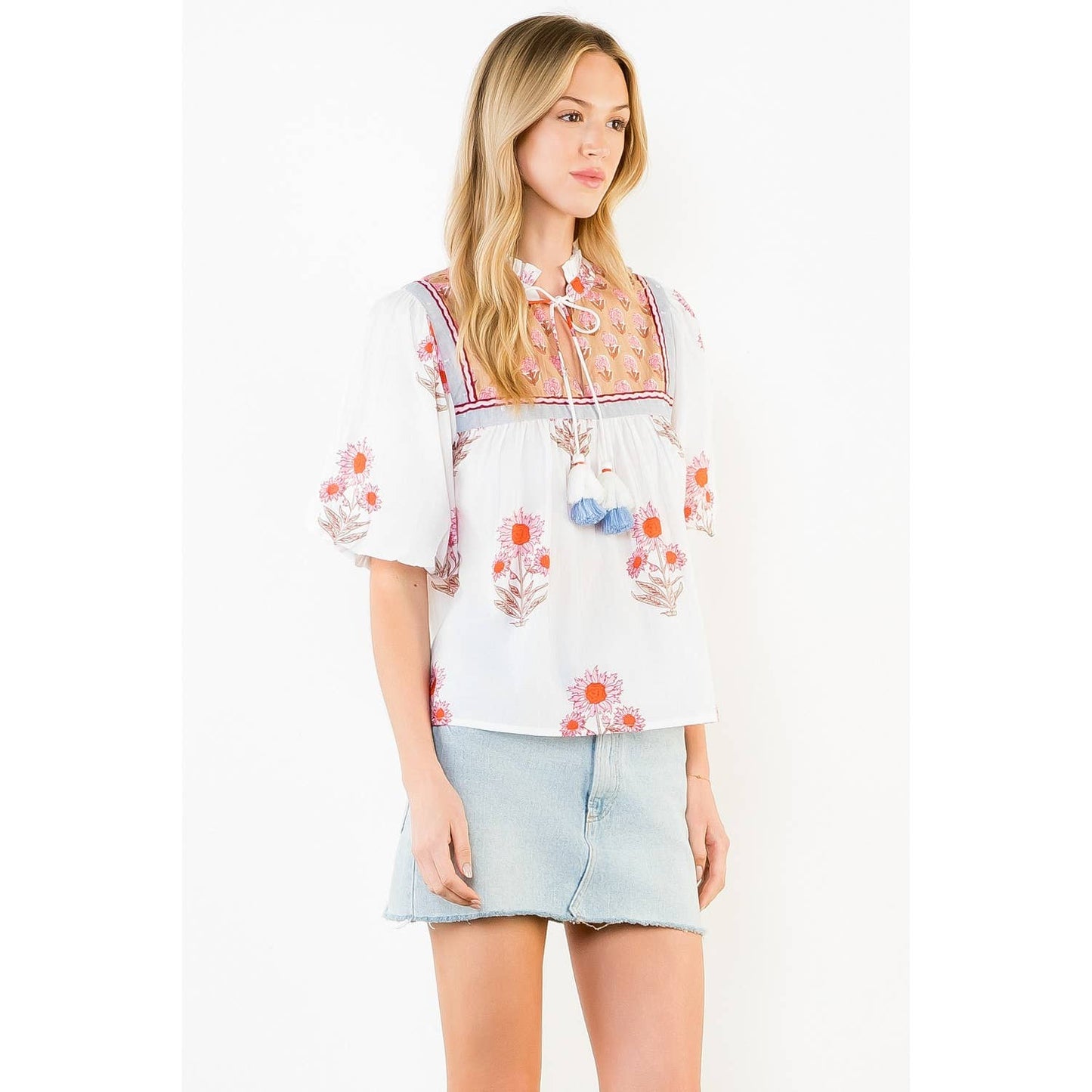 THML Puff Sleeve Floral Pattern Tassel Top