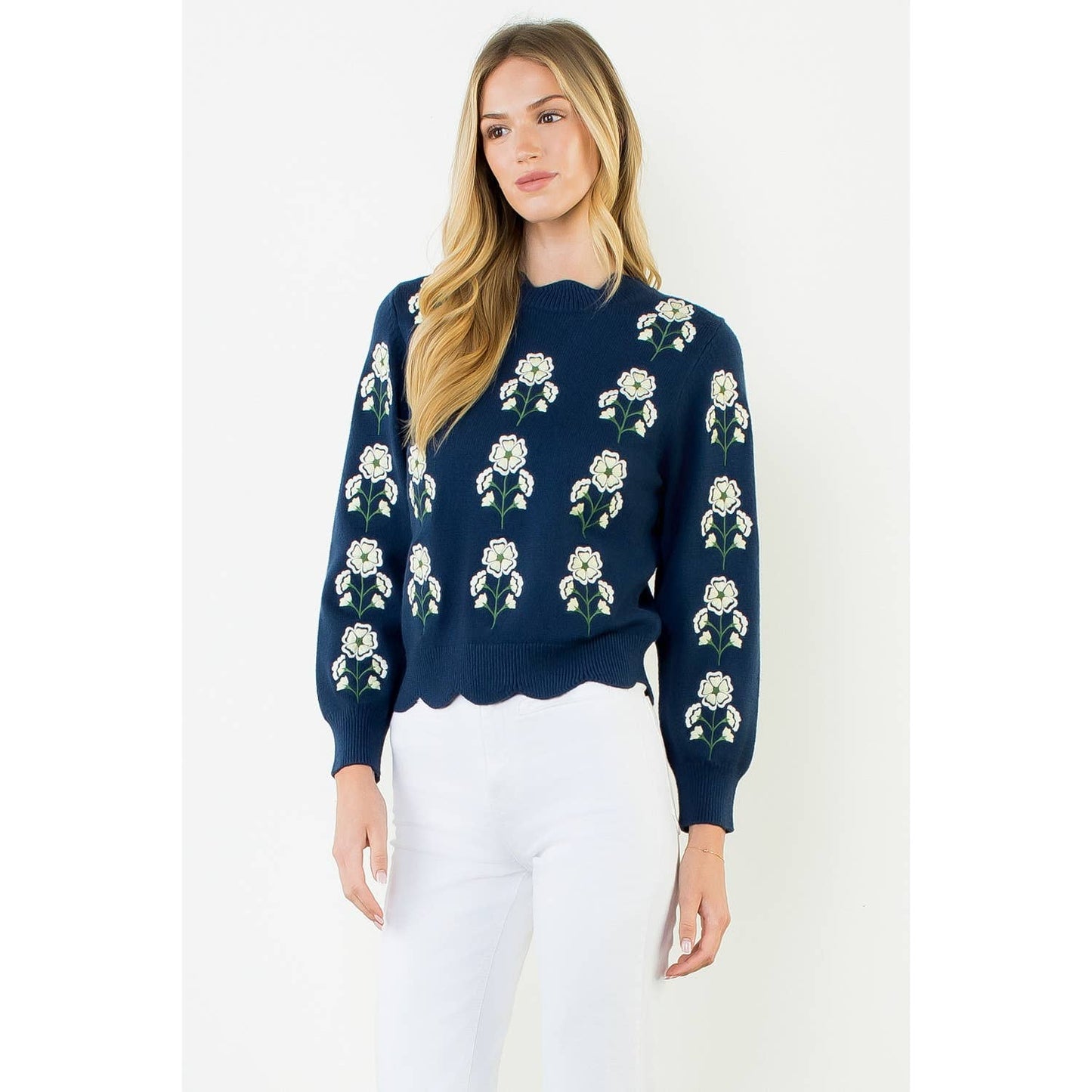 THML Embroidered Wavy Hem Sweater