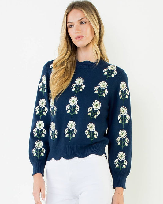 THML Embroidered Wavy Hem Sweater