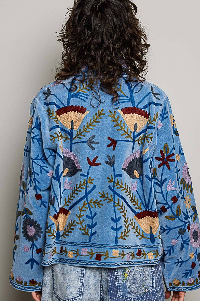 Embroidered Stand Collar & Contrast Trim Velvet Jacket