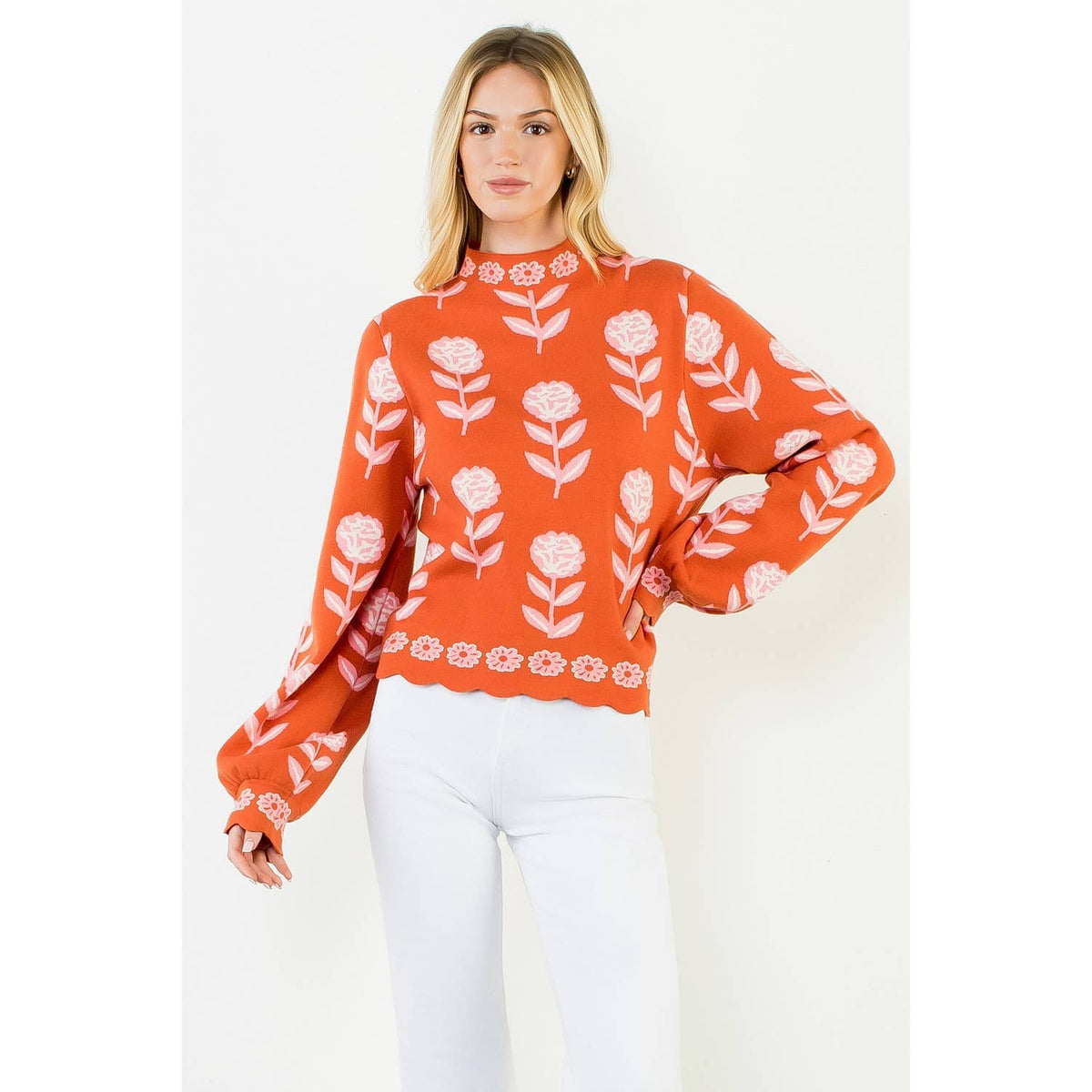 THML Flower Print Turtle Neck Sweater