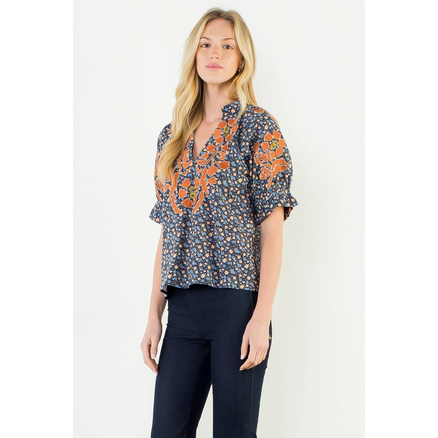 THML Floral Print Top With Embroidery