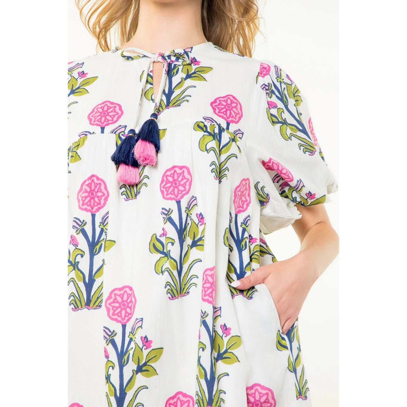 THML Puff Sleeve Tassel Dress