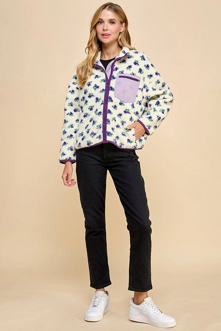 Floral Print Sherpa Jacket with Zipper