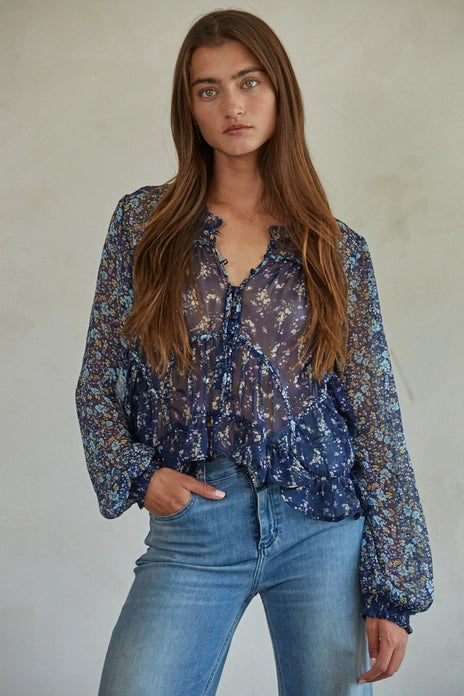 By Together Floral Print Ruffle Button Down Top