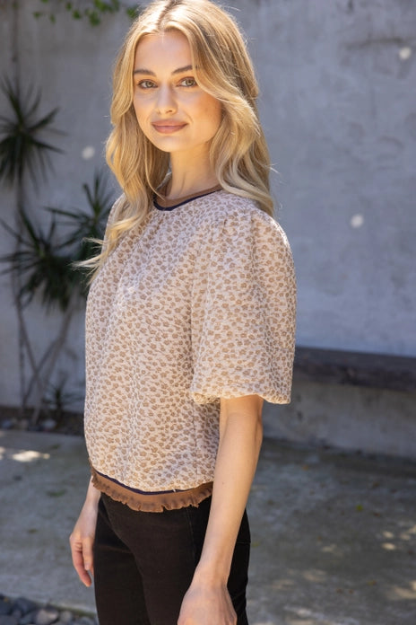 Floral Textured Puff Sleeve Ruffle Band Top