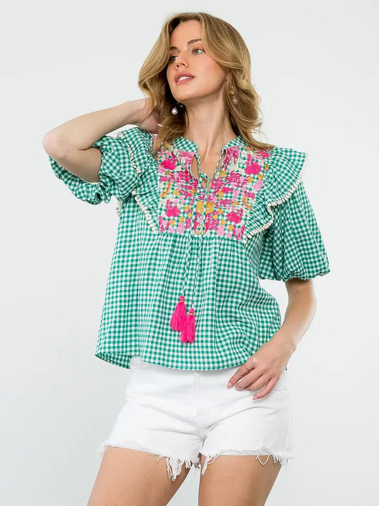 THML Embroidered Gingham Top