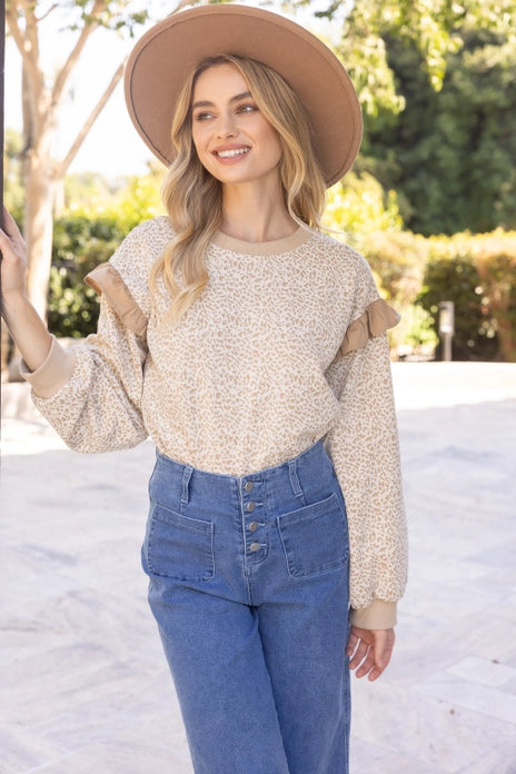 Leopard Contrast Ruffle Long Sleeve Knit Top