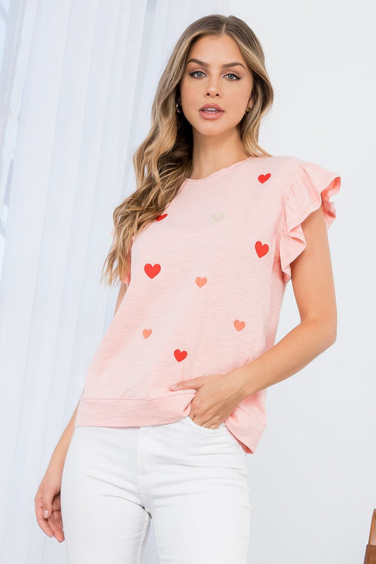 THML Ruffle Sleeve Embroidered Hearts Top