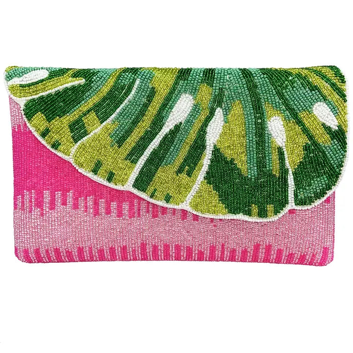 Monstera Leaf Beaded Clutch Bag