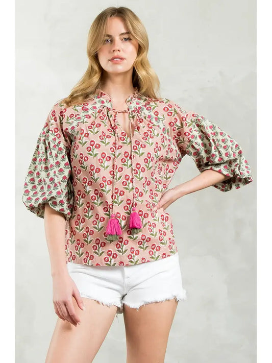 THML Puff Sleeve Flower Print Top