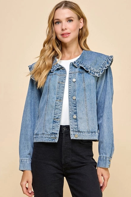 Ruffle Collared Front Button Down Denim Jacket