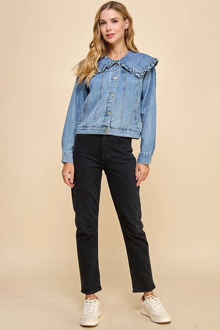 Ruffle Collared Front Button Down Denim Jacket