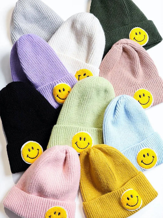 Smiley Face Ribbed Beanie