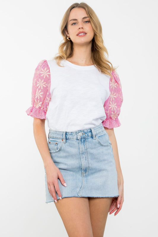 THML Striped Embroidered Sleeve Top