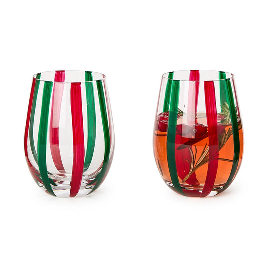 Two's Company Holiday Stripe Stemless Wine Glass