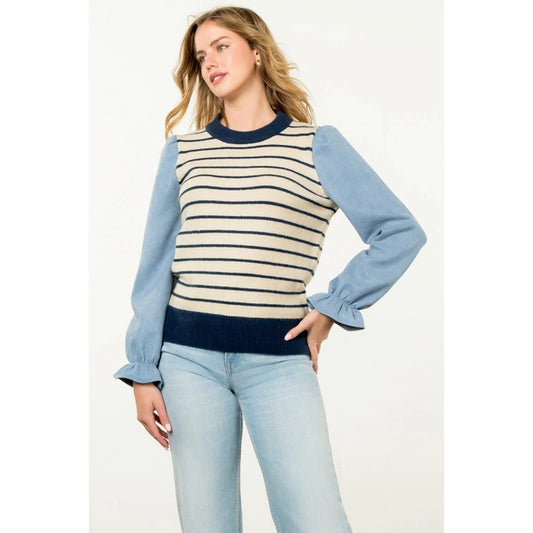 THML Stripe Suede Sleeve Sweater