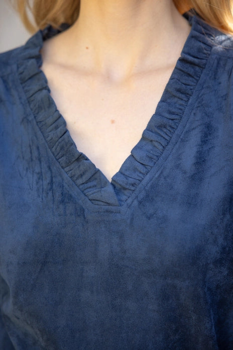 Wide Ruffle V Neck Suede Top