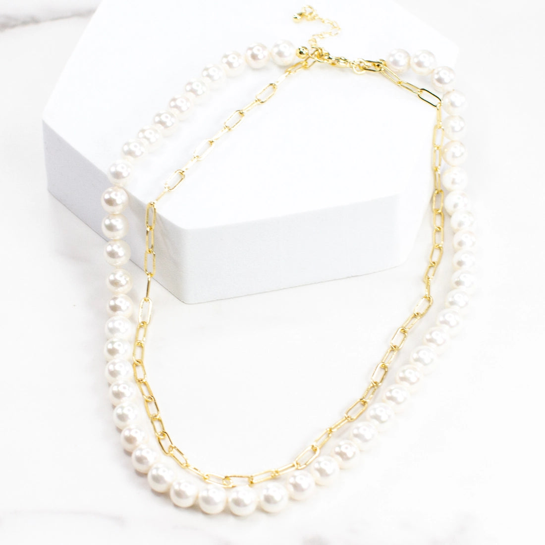 Layered pearl and chain link necklace