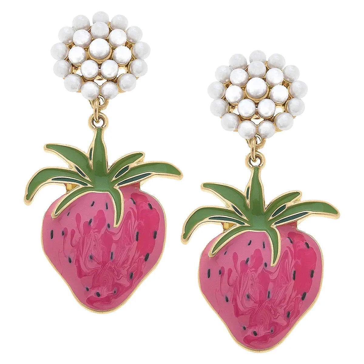 Strawberry Enamel Pearl Cluster Earrings in Pink